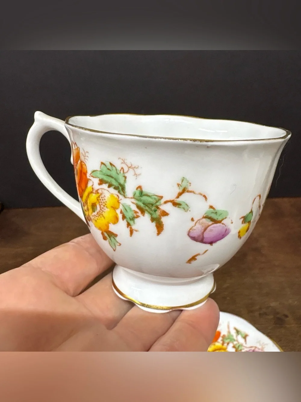 Royal Albert White Teacup and Saucer with Orange, Yellow, Pink Floral Design